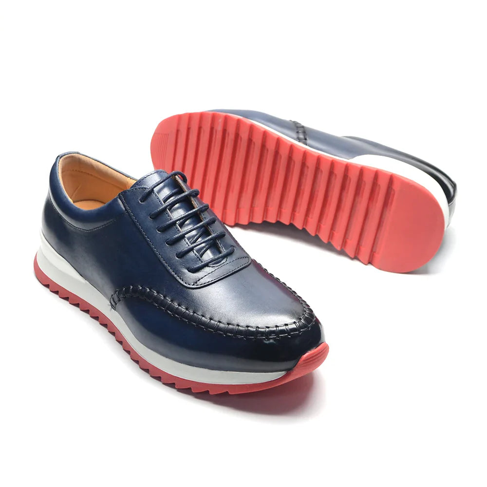 Classy Men's Genuine Leather Low Top Sneakers | Red Bottom Lace-Up Casual Dress Shoes (Breathable)
