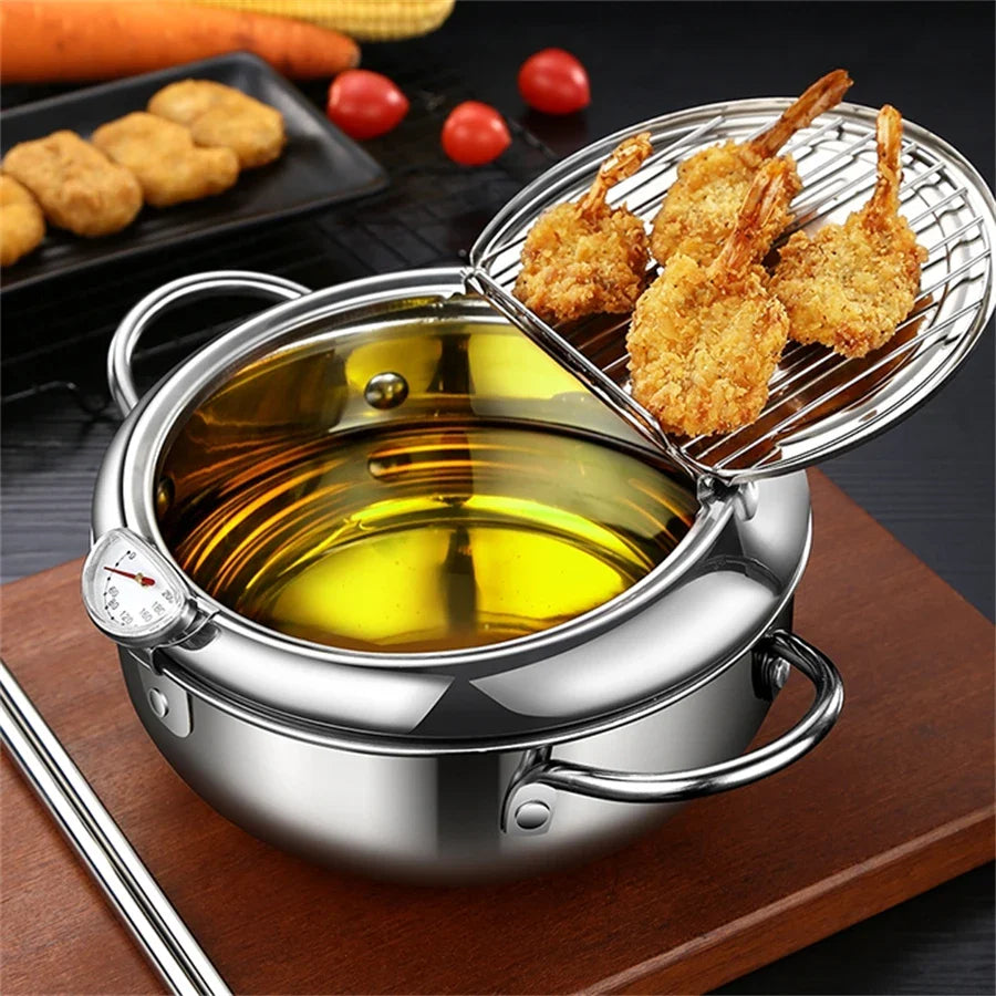 Japanese Deep Frying Pot with a Thermometer and a Lid 304 Stainless Steel Kitchen Tempura Fryer Pan 20 24 cm