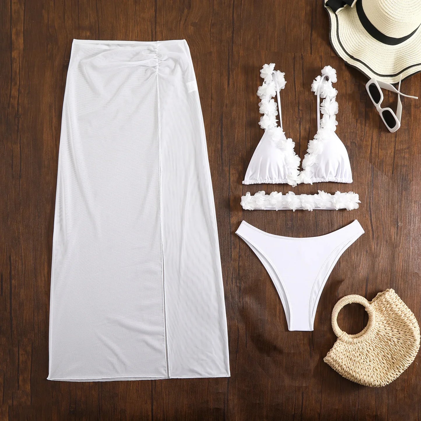 New Solid Color Lace Sexy Three-piece Mesh Dress Bikini