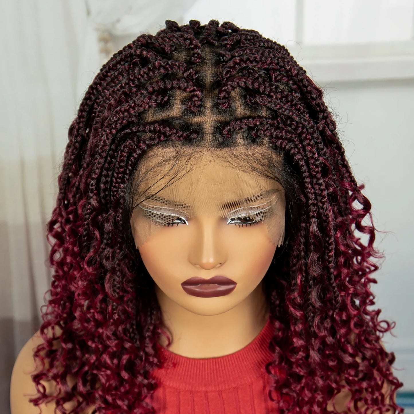 Burgundy Curly Ends Knotless Braids Bob Wig | 99J | Full Lace | Boho Style