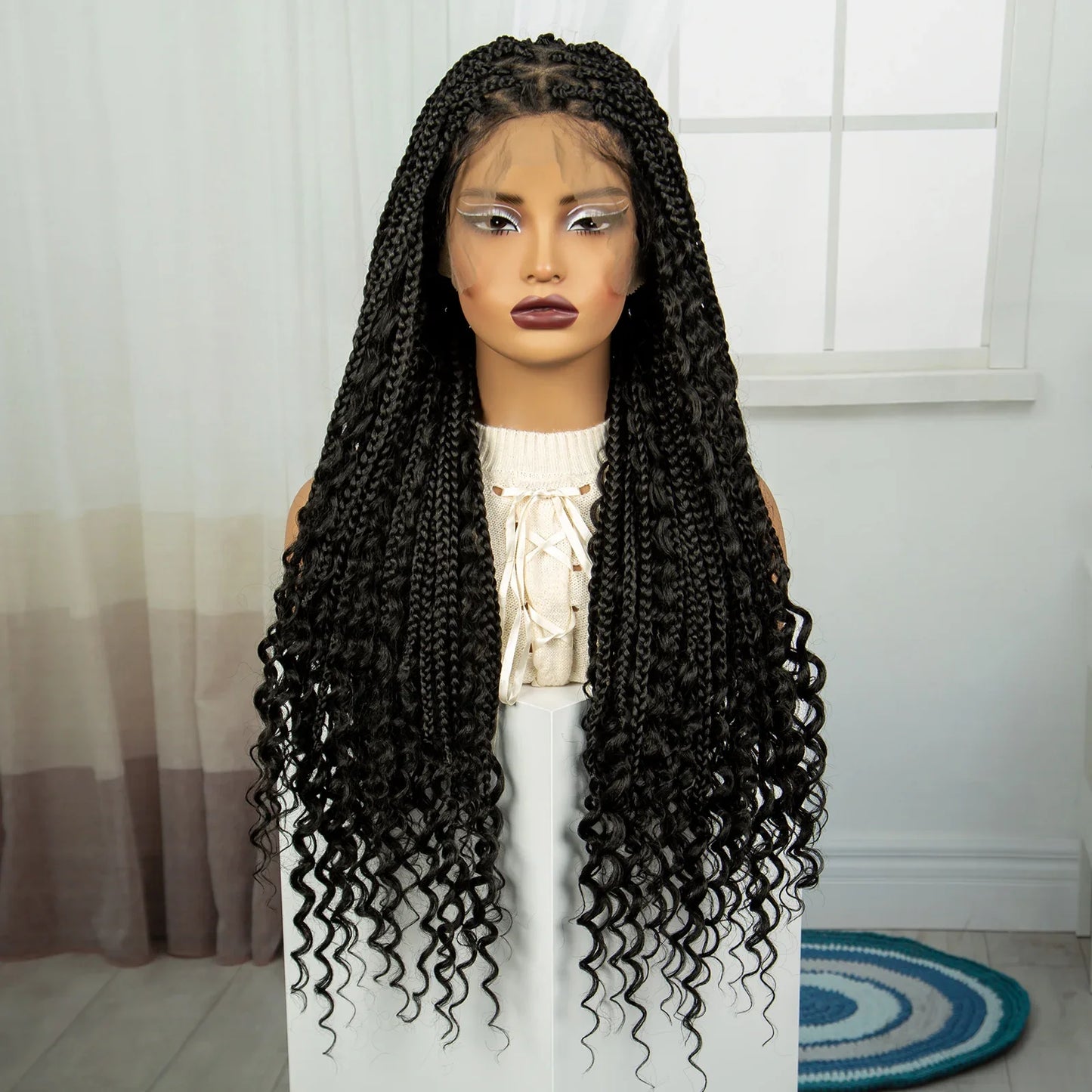 32 Inch Natural Curly Boho Box Braids Wig - Knotless - Full Lace - Synthetic - with Baby Hair