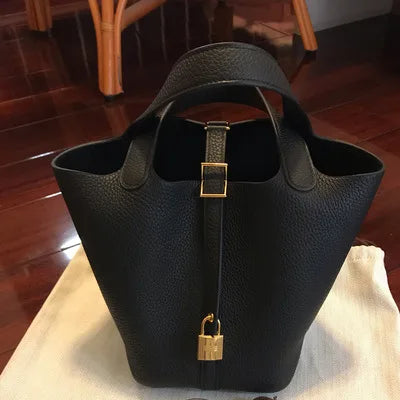 Stylish Bucket Shopping Tote Bag for Women | Soft PU Litchi Pattern Handbag with Lock & Small Horse Scarf (Classic, Versatile)