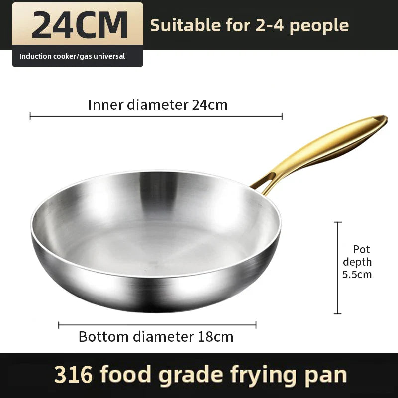 KEMORELA 316 Stainless Steel Frying Pan With Golden Handle Wok Pan Nonstick Cooking Fried Steak Gas Stove Pot Universal Pan