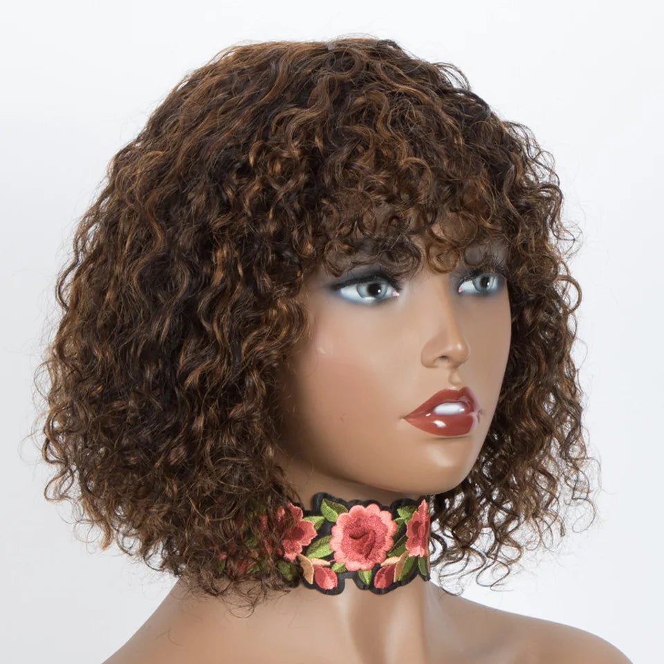 Jerry Curly Short Pixie Bob Wig with Bangs | Full Machine Made Remy Human Hair for Black Women