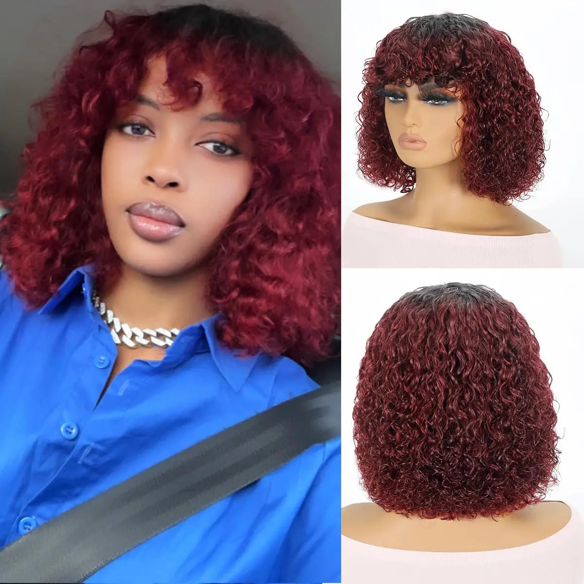 Ombre 99J & Blonde Jerry Curly Bob Wig with Bangs | Glueless "Wear to Go" Human Hair