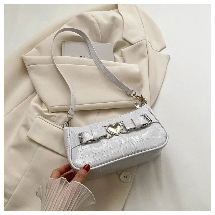 Women's Y2K Peach Heart Butt Leather Handbag | Alligator Pattern Underarm Shoulder Bag with Heart Pin Buckle (Fashion Girls Mini Tote)