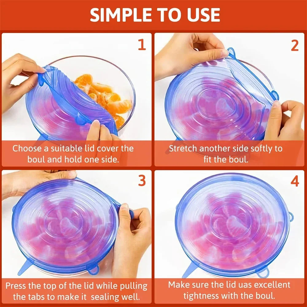 6PCS Food Grade Silicone Bowl Covers – Universal Elastic Round Lids with Airtight Seal – Reusable Kitchen Food Savers