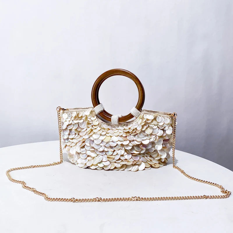 Small Shell Evening Bags for Women | Luxury Designer Handbag Purses & New Canvas Inlaid Acrylic Wooden Handle Chain Shoulder Bag
