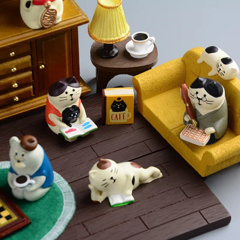 ZAKKA Miniatures Study Bookcase Home Decor Cute Cartoon Cat Retro Desk Gramophone Ornament Crafts Dollhouse Accessories Toy Gift