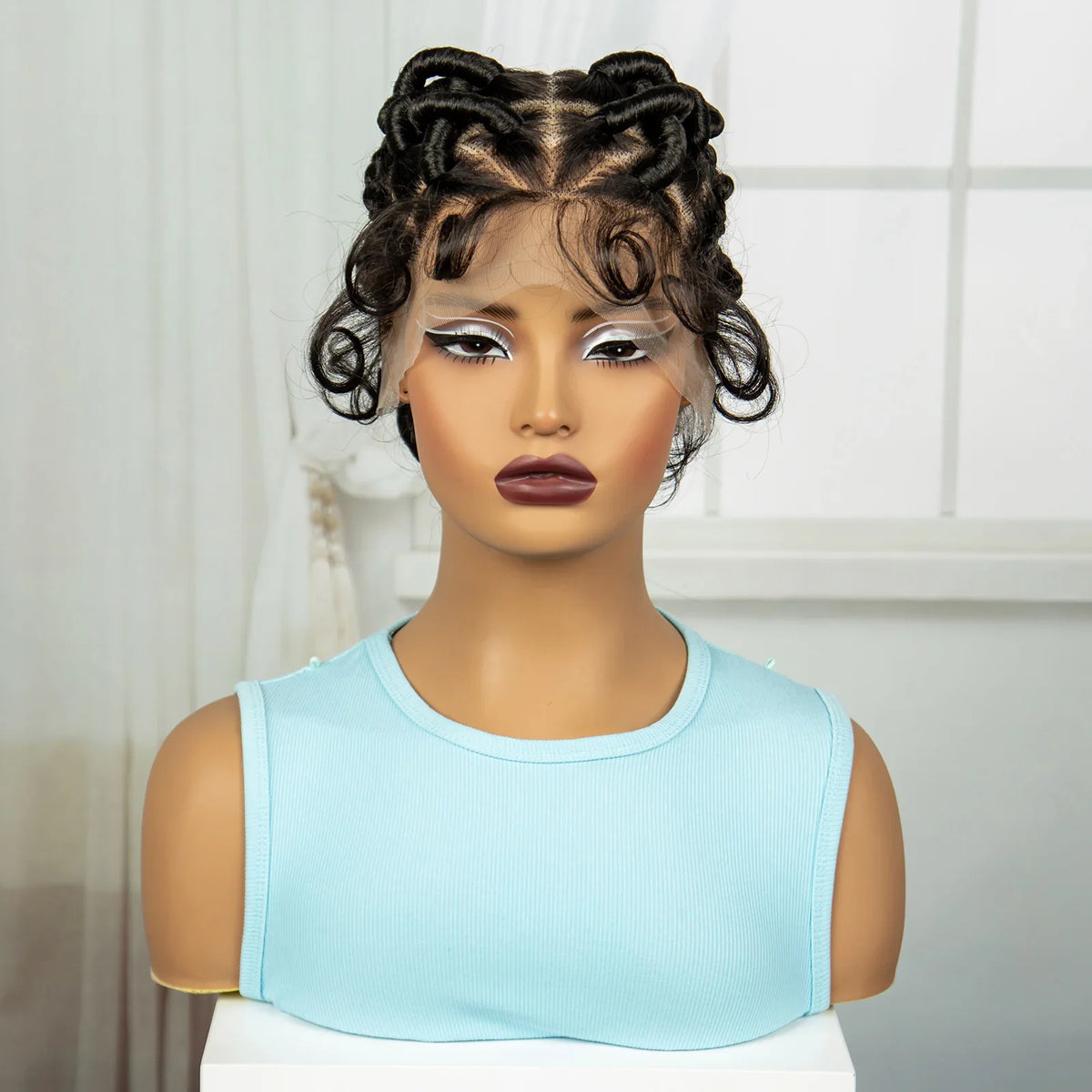 Burgundy Full Lace Synthetic Braided Wig | Knotless Box Braids & Bantu Knots | Lace Front Wig with Baby Hair for Black Women