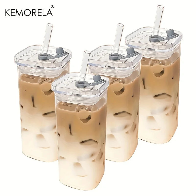 1/2/4/6Pc Square Heat Resistant Coffee Glass Cup With Lid and Straw Transparent Milk Tea Juice Coffee Mug For Home Bar Drinkware