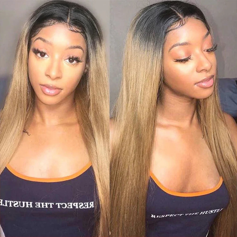 Ombre Honey Blonde & 1B/30 Straight 4x4 Lace Closure Wig | 150% Density Middle Part Remy Human Hair