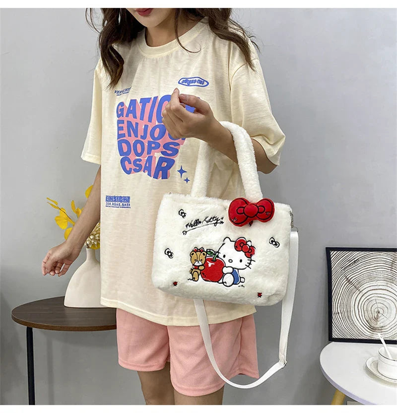 Kawaii Hello Kitty Plush Shoulder Bag | My Melody Cinnamoroll Kuromi Cute Cartoon Anime Handbag (Soft Storage Bag for Women & Girls)
