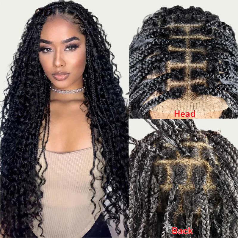 Boho Curly End Braided Full Lace Front Wig | Goddess Locs | Knotless Box Braids | Synthetic Bohemian Wig