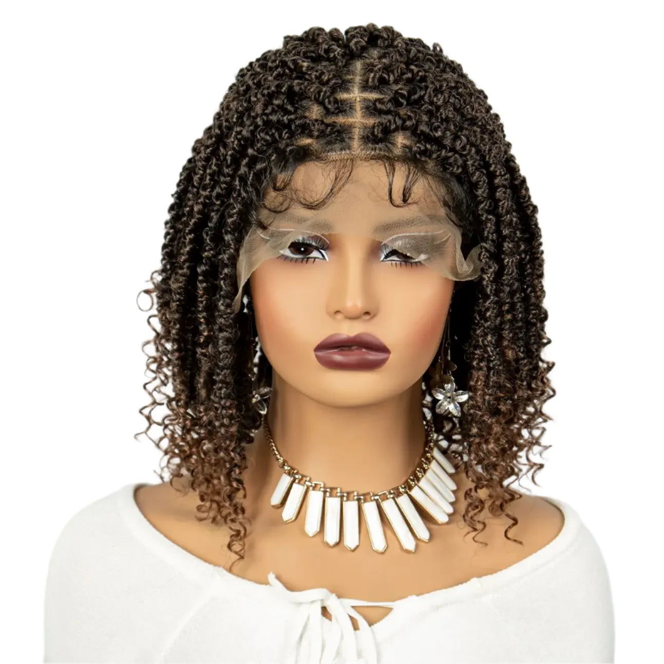 Knotless Box Braided Bob Wig with Curly Ends | Short Twist Braids | Synthetic Lace Front Wig | Handmade for Black Women