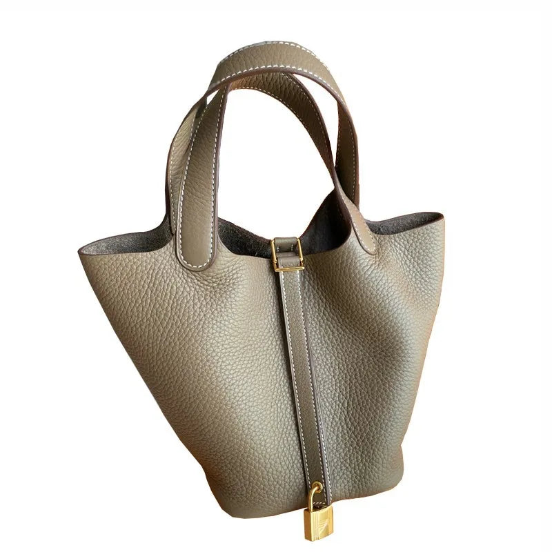 Stylish Bucket Shopping Tote Bag for Women | Soft PU Litchi Pattern Handbag with Lock & Small Horse Scarf (Classic, Versatile)