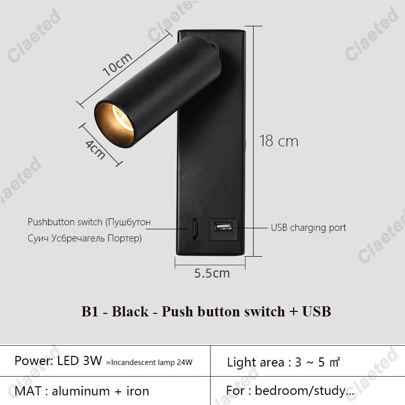 New Led Wall Lamp Sconce with Switch Black Brass Creative USB Port Reading Wall Lamp with 3W Spotlight for Bedroom Bedside