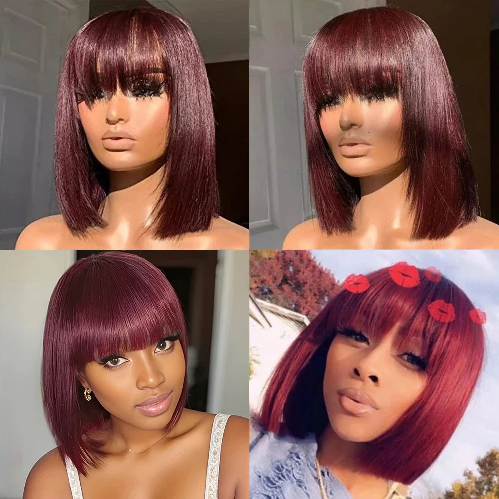 Silky Straight Bob Wig with Bangs | 100% Human Hair Full Machine Made (8-12 Inch)