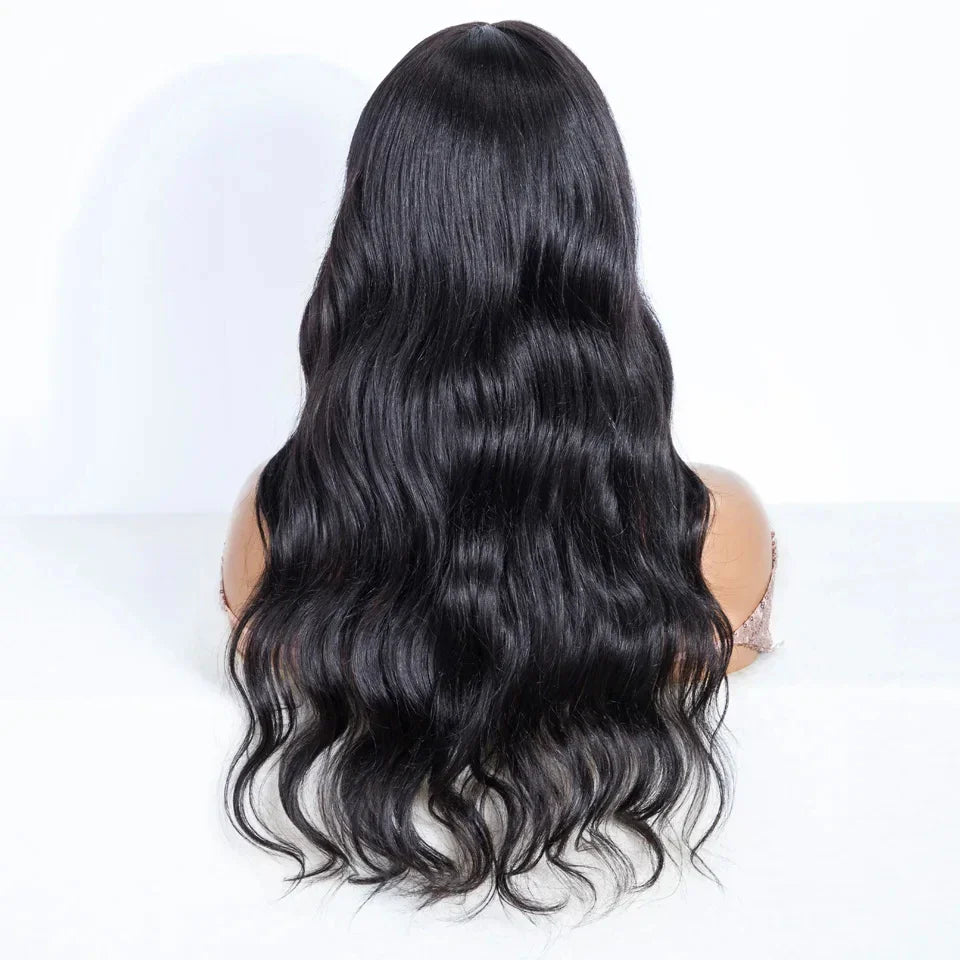 Natural Color 22" Body Wave Wig with Bangs | 180% Density Remy Human Hair Middle Part Lace