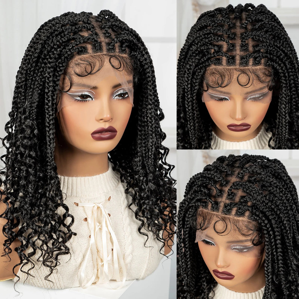 Knotless Box Boho Braided Wig with Curly Ends | Short Bob Style | Full Lace Synthetic Wig for Black Women
