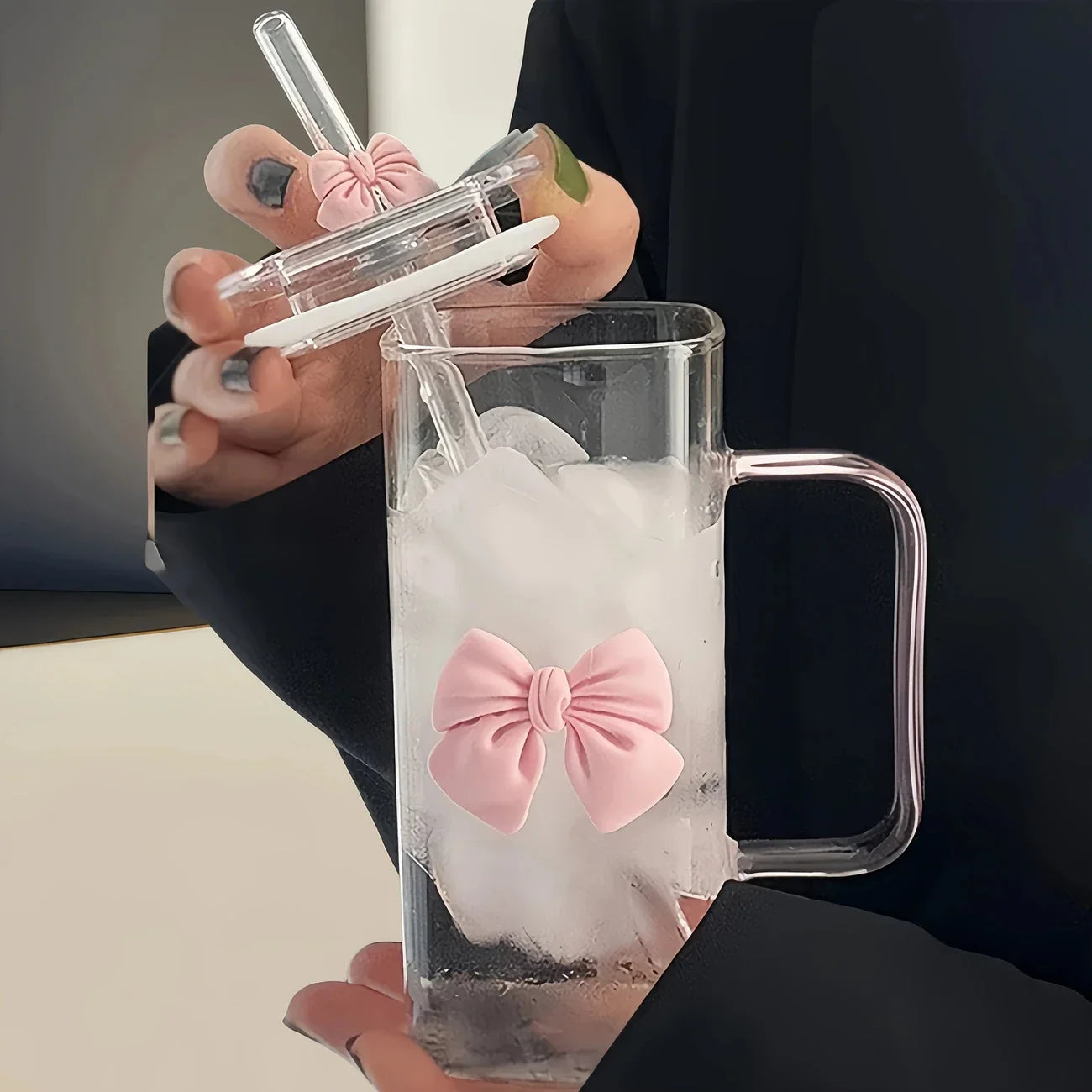 400mL Elegant Butterfly-Decorated Glass Tumbler with Straw & Handle - Reusable Freezer-Safe Water Cup for Coffee Juice Milk
