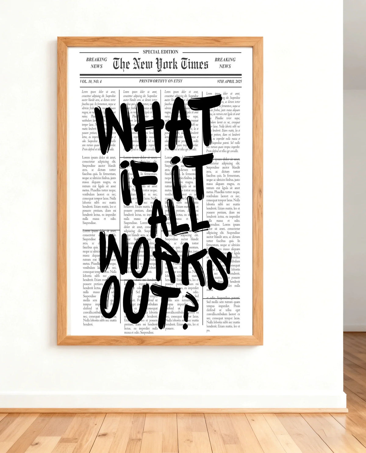 Newspaper Poster - What If It All Works Out - Positive Quote Canvas Wall Art, Affirming Minimalist Prints, Neutral Dorm Room Bed