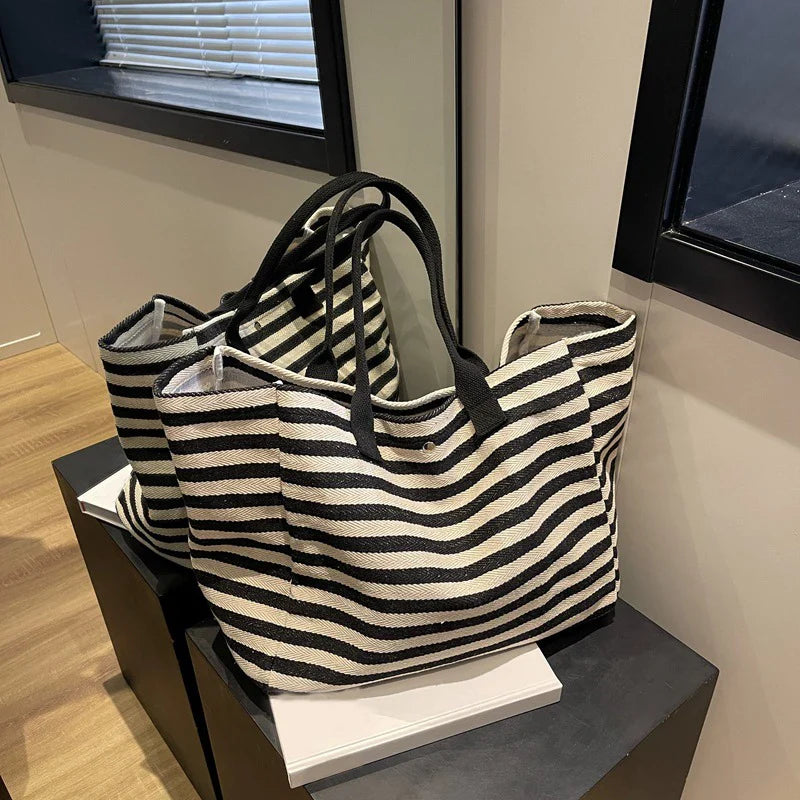 Casual Striped Canvas Bag for Women | Large Capacity Shoulder Bag & Daily Shopping Tote (Student Bookbag for School, Travel, Beach)
