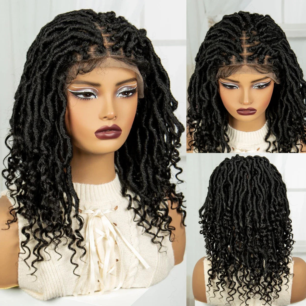 Curly Ends Dreadlock Braided Wig | Synthetic Lace Front Goddess Locs Braid Wig with Baby Hair | Faux Locs Wig for Black Women