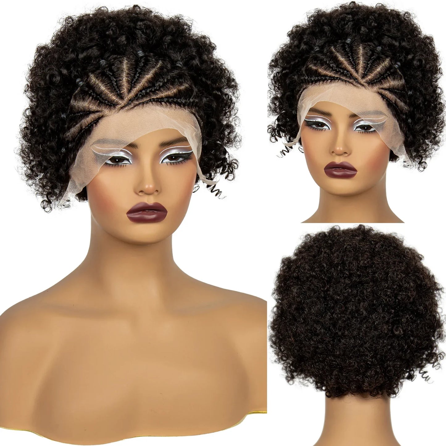 Natural Black Synthetic Braided Wig | 13x4 Transparent Lace Front Short Afro Kinky Curly Braids