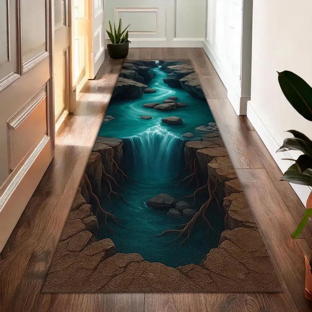 3D Waterfall Canyon Carpet Mat Rug Realistic Nature Print Non-slip Floor Mat for Living Room Bedroom Hallway Home Decoration