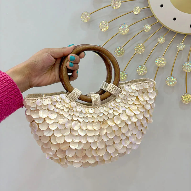 NEW Wood Top-Handle White Crystal Clutch Bag | High Quality Women's Wedding Hand Woven Handbags & Fashion Bags