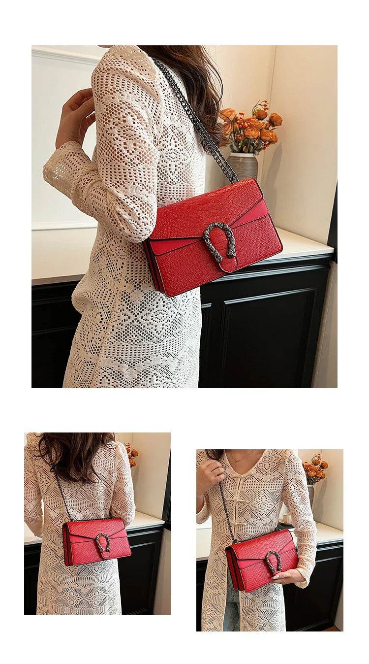 Retro Style Fashion Chain Shoulder Bag for Women | Snake Pattern Crossbody Small Square Bag (Trendy Accessory)