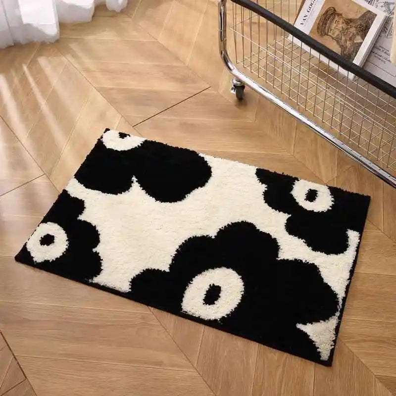 VIKAMA Ins Style Black and White Simple Short Plush Floor Mat Entry Door Wear Dirt-resistant Foot Mat Bathroom Entrance Carpet