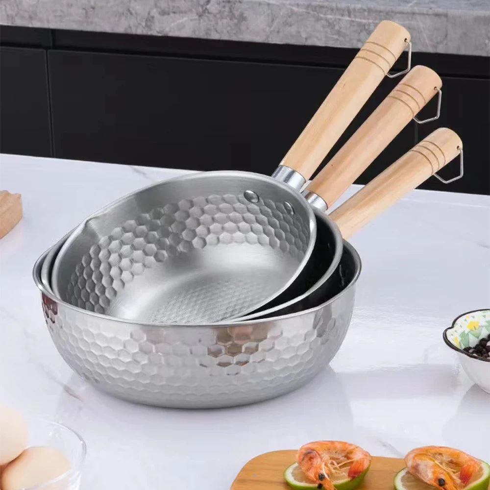 430 Stainless Steel Soup Pot Japanese Snow Pan Frying Wok Wooden Handle Stew Saucepan Milk Pot Kitchen Utensils Kitchen Cookware