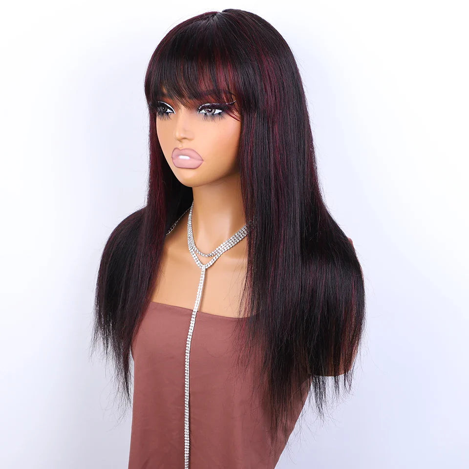 Burgundy Red & Black Bone Straight Wig with Bangs | Full Machine Made Human Hair (18-24")