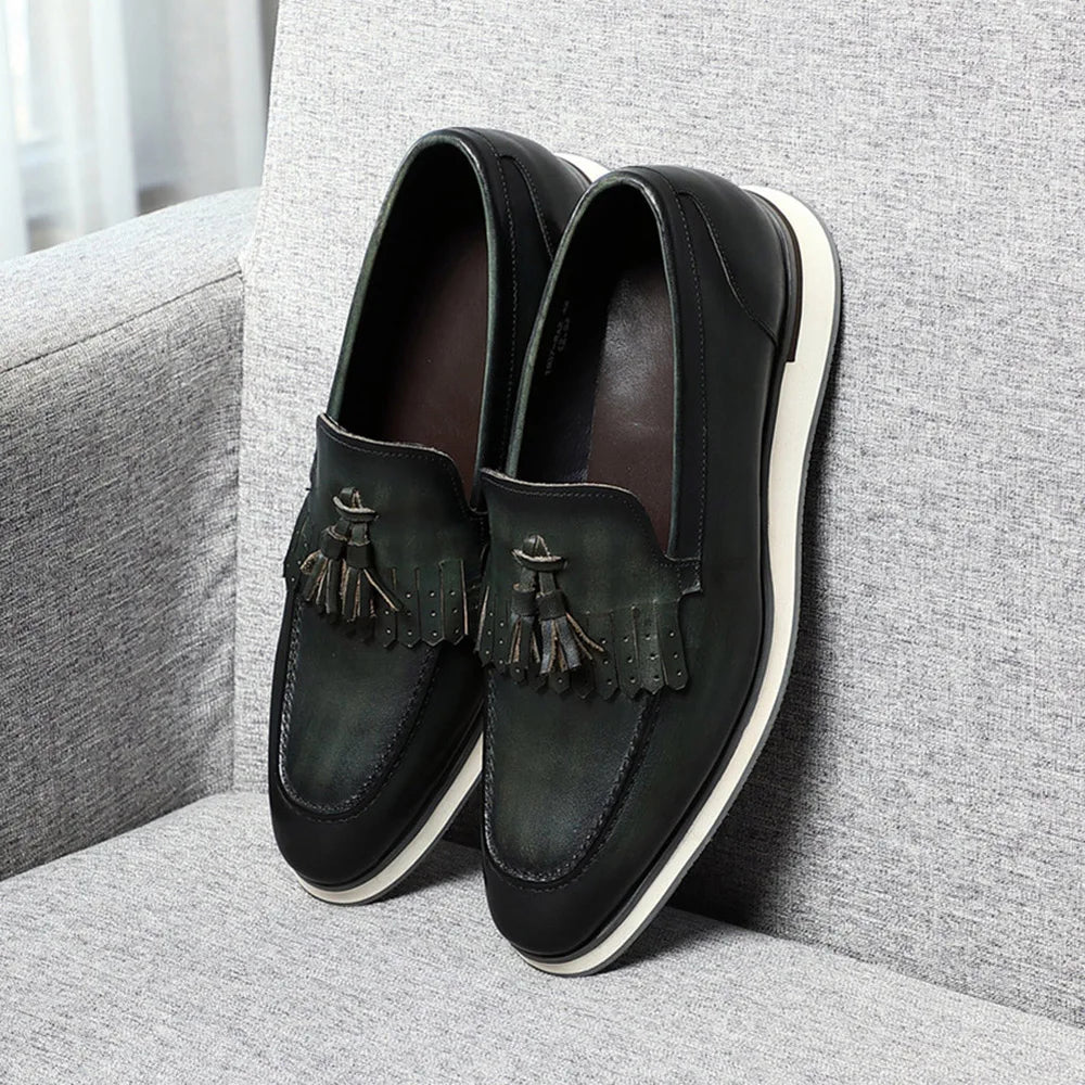 Classic Original Men's Genuine Leather Tassel Loafers | Elegant Black & Green Casual Business Flat Shoes