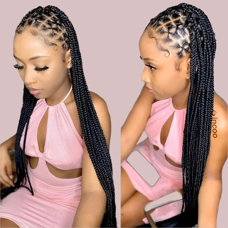 Product Title: Criss Cross Knotless Box Braids Full Lace Wig | Baby Hair | Synthetic Cornrows | Braided Lace Front Wig