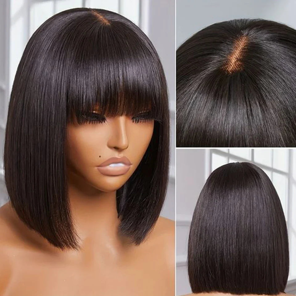 Peruvian Straight Bob Lace Wig with Bangs | Middle Part Glueless Human Hair | Realistic Scalp