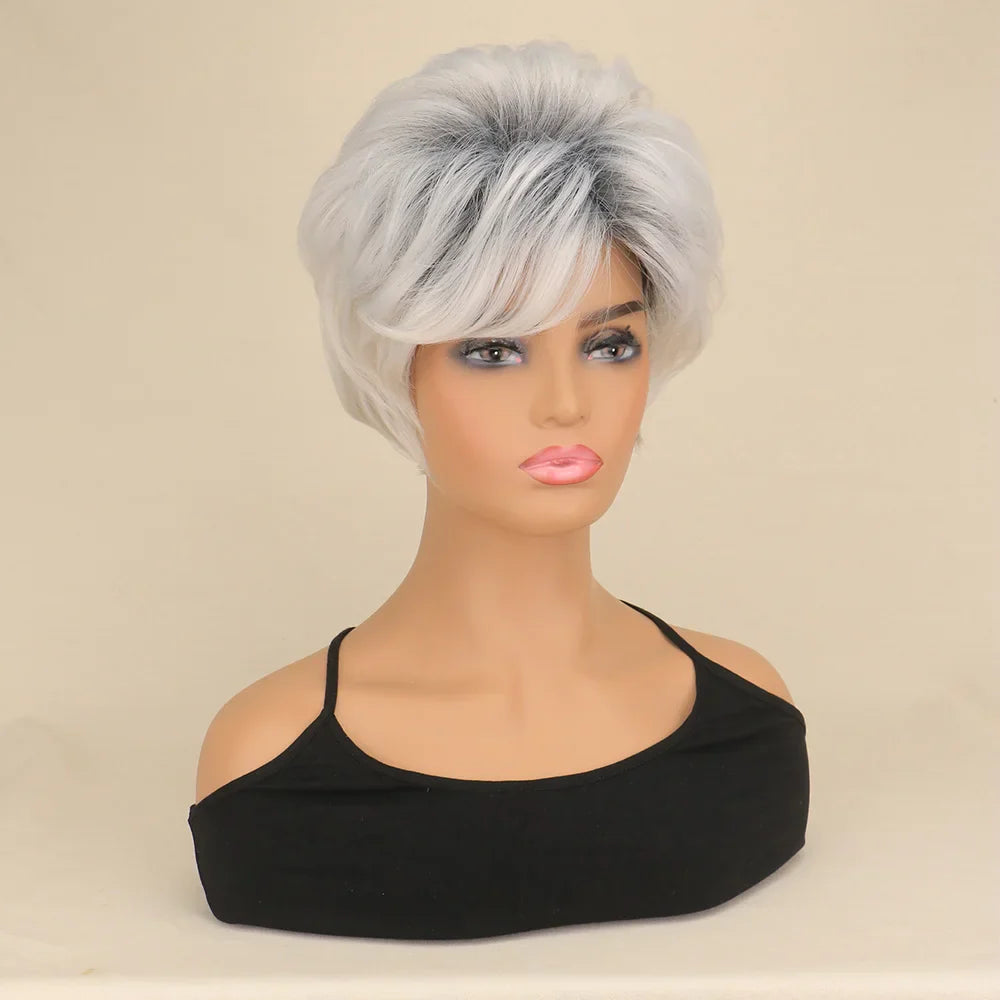 Short Brown Bob Wig with Bangs | Mixed Blonde Synthetic Natural Hair Wig for Women (Soft Mommy Hair, Daily Use)