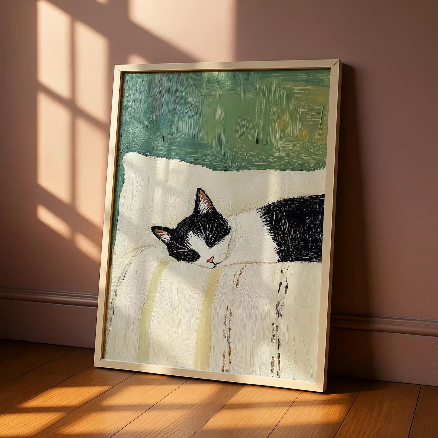 Sleeping Tuxedo Cat Wall Art Print: Black and White Cat Painting, Unframed Cat Poster gift decoration