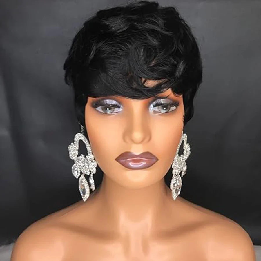 Pixie Cut Human Hair Wig | Natural Color Wavy Remy Hair | Short Cut Wig