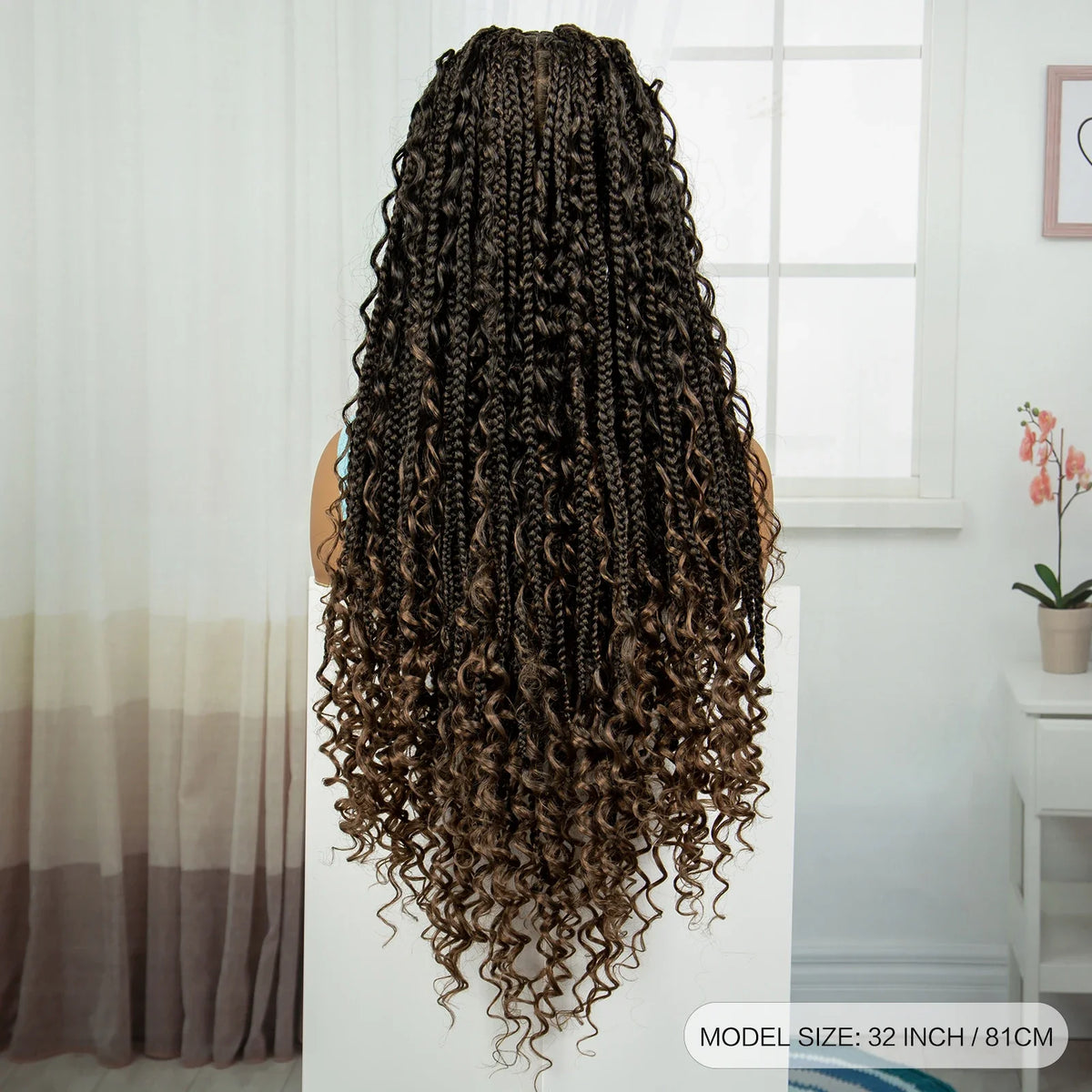 Burgundy Knotless Box Braids Wig with Curly Ends | Full Lace Handmade