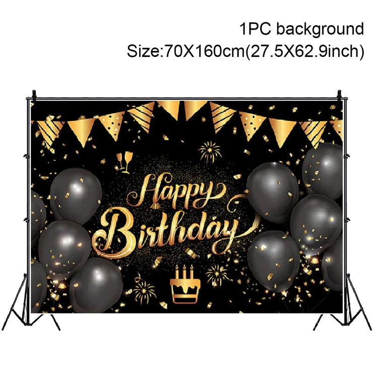 Gold Glitter Happy Birthday Party Backdrop For Photo Black  Happy Birthday Adult Theme Party Decoration Supplies DIY Backdrops