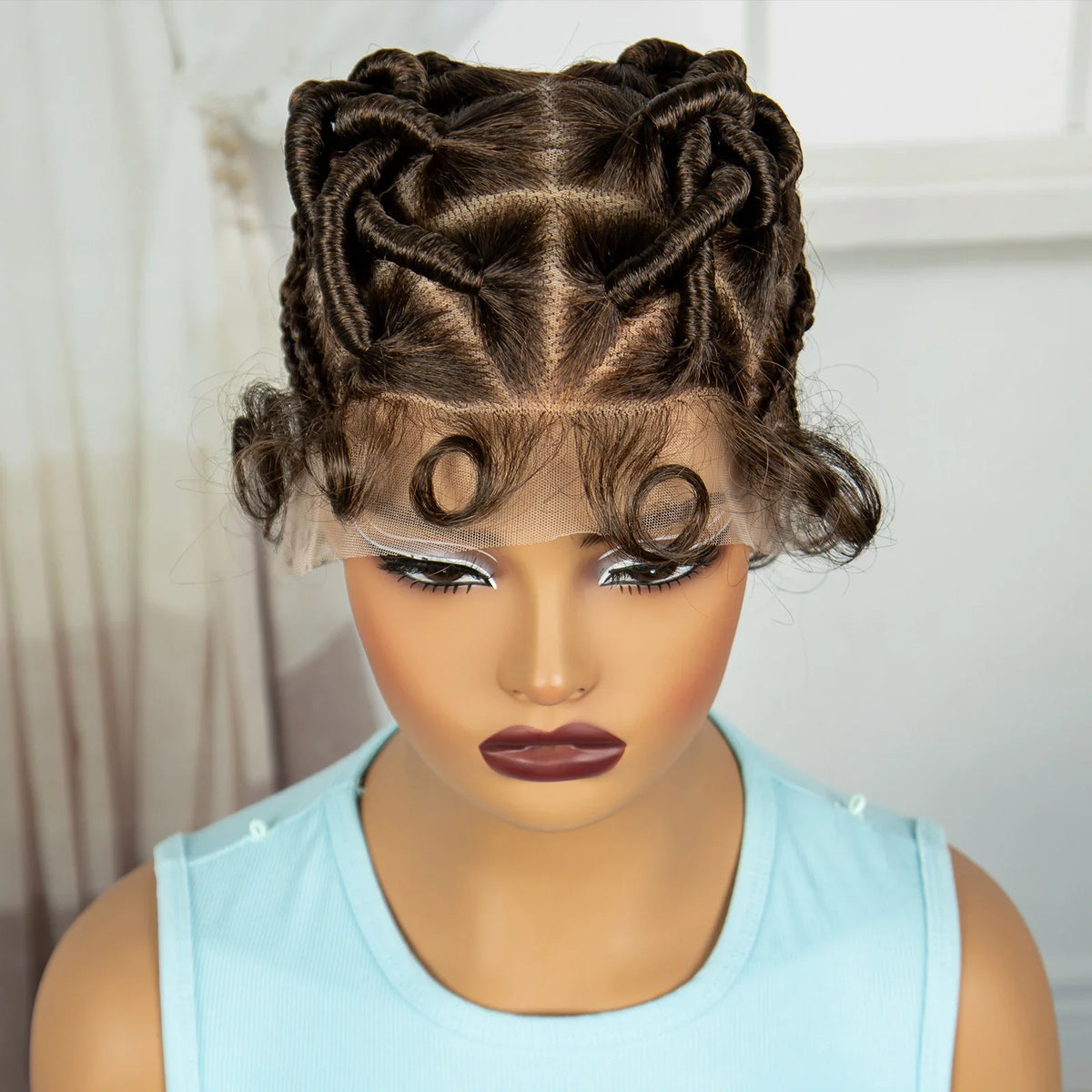 Burgundy Full Lace Synthetic Braided Wig | Knotless Box Braids & Bantu Knots | Lace Front Wig with Baby Hair for Black Women