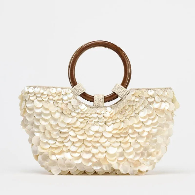 Faux Nacre Appliqué Half-Moon Bag for Women | New Double Circular Top Handles & Removable Chain Crossbody Strap (Fashionable & Versatile)