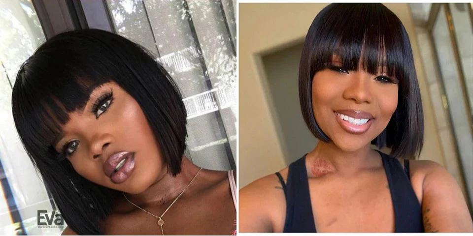 Short Straight Bob Human Hair Wig with Bangs | Full Machine Made Remy Hair | Natural Color