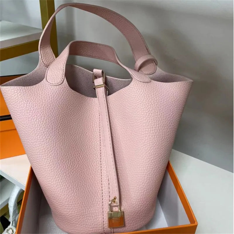 Stylish Bucket Shopping Tote Bag for Women | Soft PU Litchi Pattern Handbag with Lock & Small Horse Scarf (Classic, Versatile)