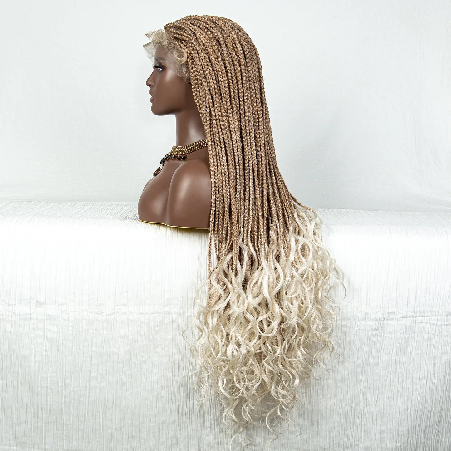 36" Pink & 613 Blonde Braided Wig | Water Wave Ends | Lace Front | Baby Hair