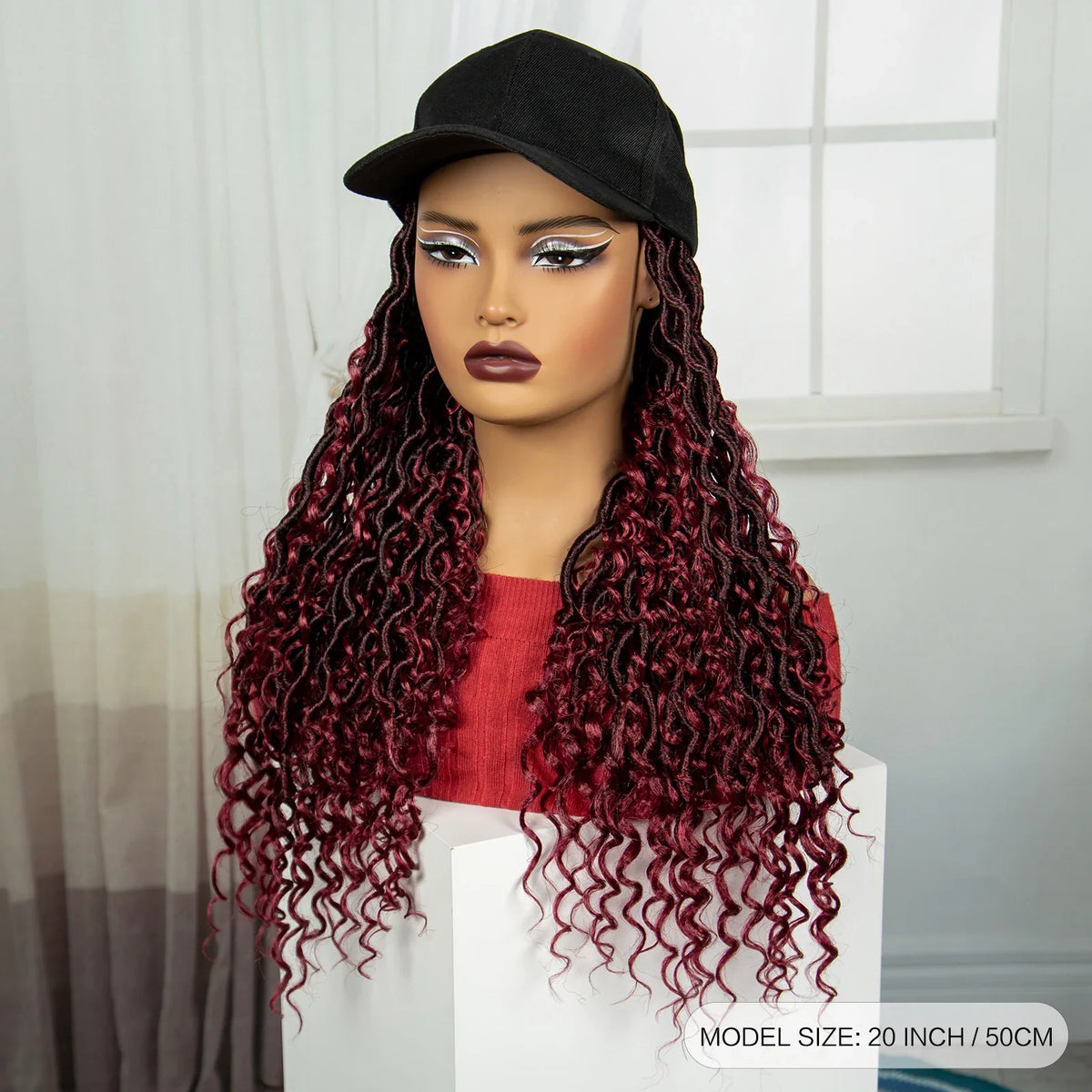Burgundy Braided Hat Wig with Curly Ends | Knotless Braids | Adjustable Cap