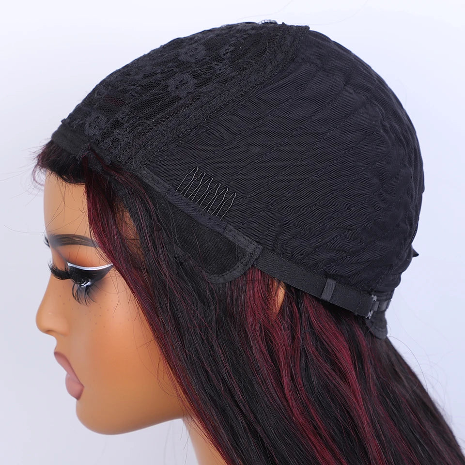 Burgundy Red & Black Bone Straight Wig with Bangs | Full Machine Made Human Hair (18-24")